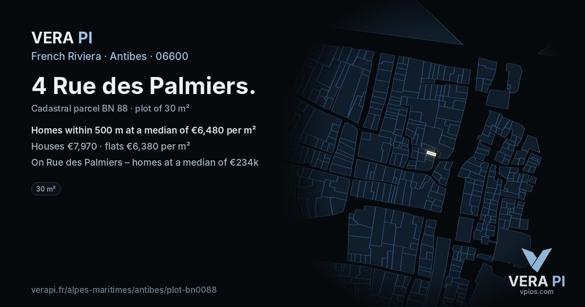 4 Rue des Palmiers, Antibes at night – the plot lit, the parcels around coloured by the prices near them