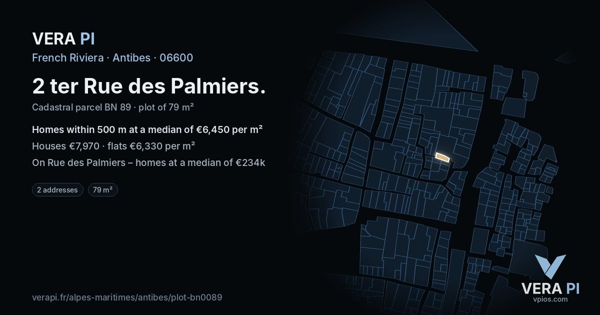 2 ter Rue des Palmiers, Antibes at night – the plot lit, the parcels around coloured by the prices near them