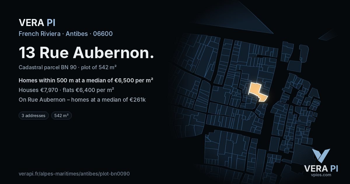 13 Rue Aubernon, Antibes at night – the plot lit, the parcels around coloured by the prices near them