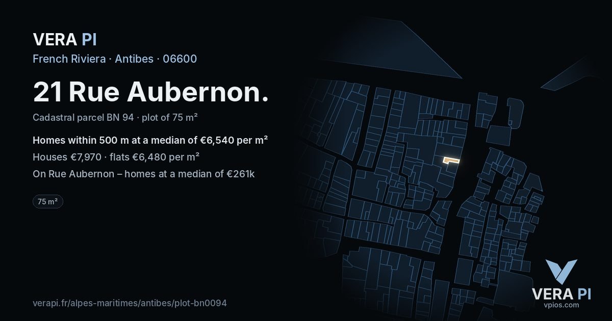 21 Rue Aubernon, Antibes at night – the plot lit, the parcels around coloured by the prices near them