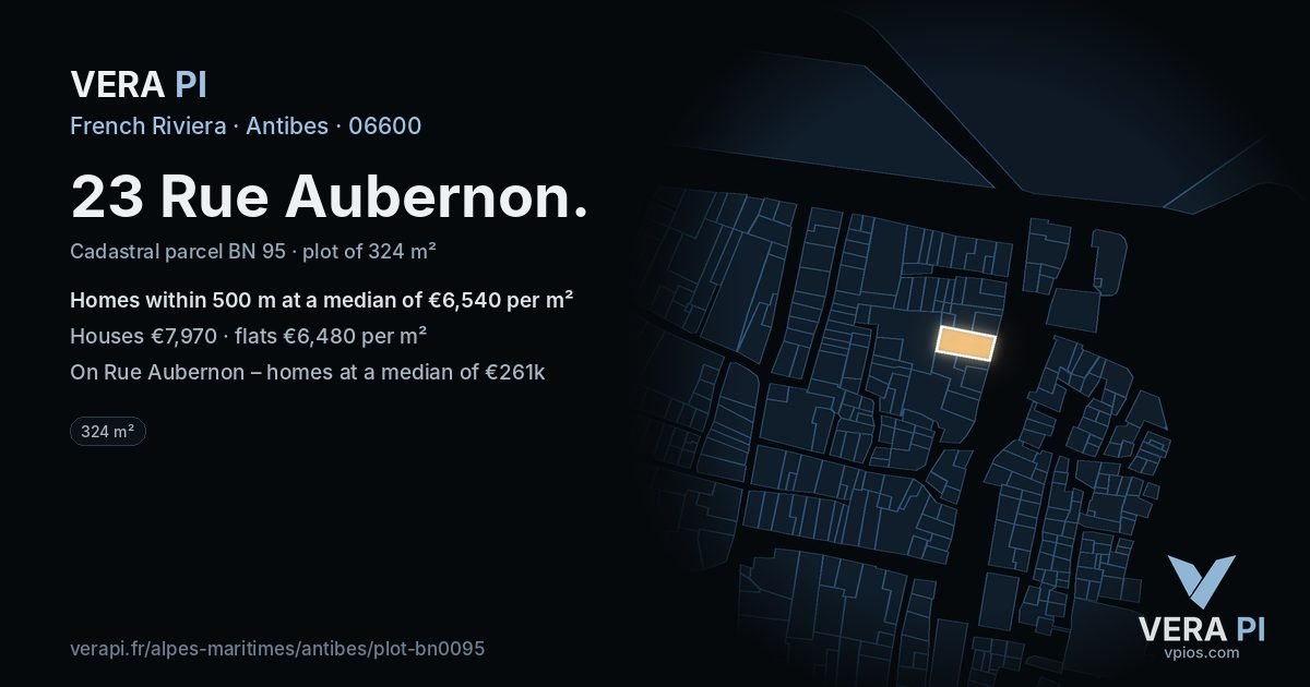 23 Rue Aubernon, Antibes at night – the plot lit, the parcels around coloured by the prices near them