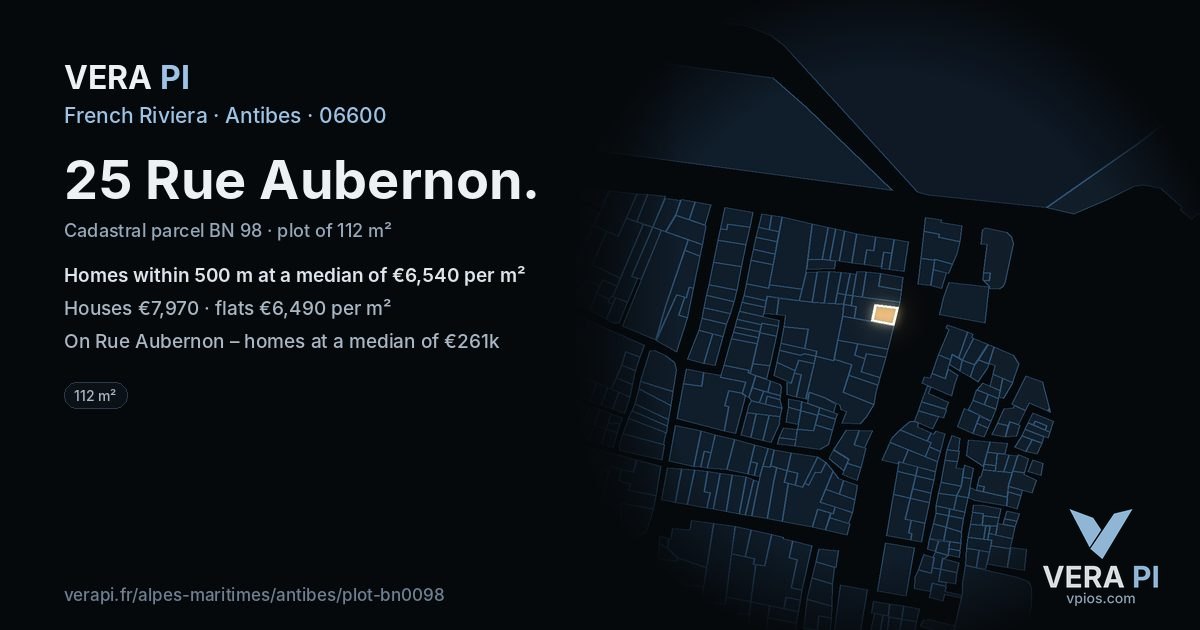 25 Rue Aubernon, Antibes at night – the plot lit, the parcels around coloured by the prices near them