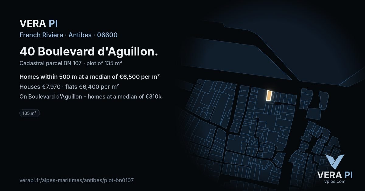 40 Boulevard d'Aguillon, Antibes at night – the plot lit, the parcels around coloured by the prices near them