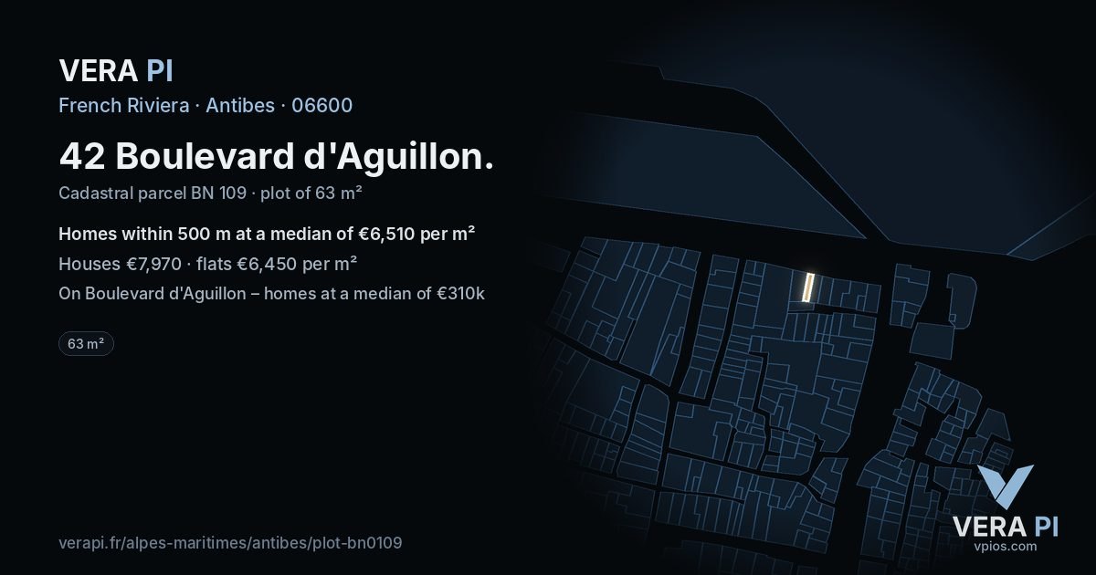 42 Boulevard d'Aguillon, Antibes at night – the plot lit, the parcels around coloured by the prices near them