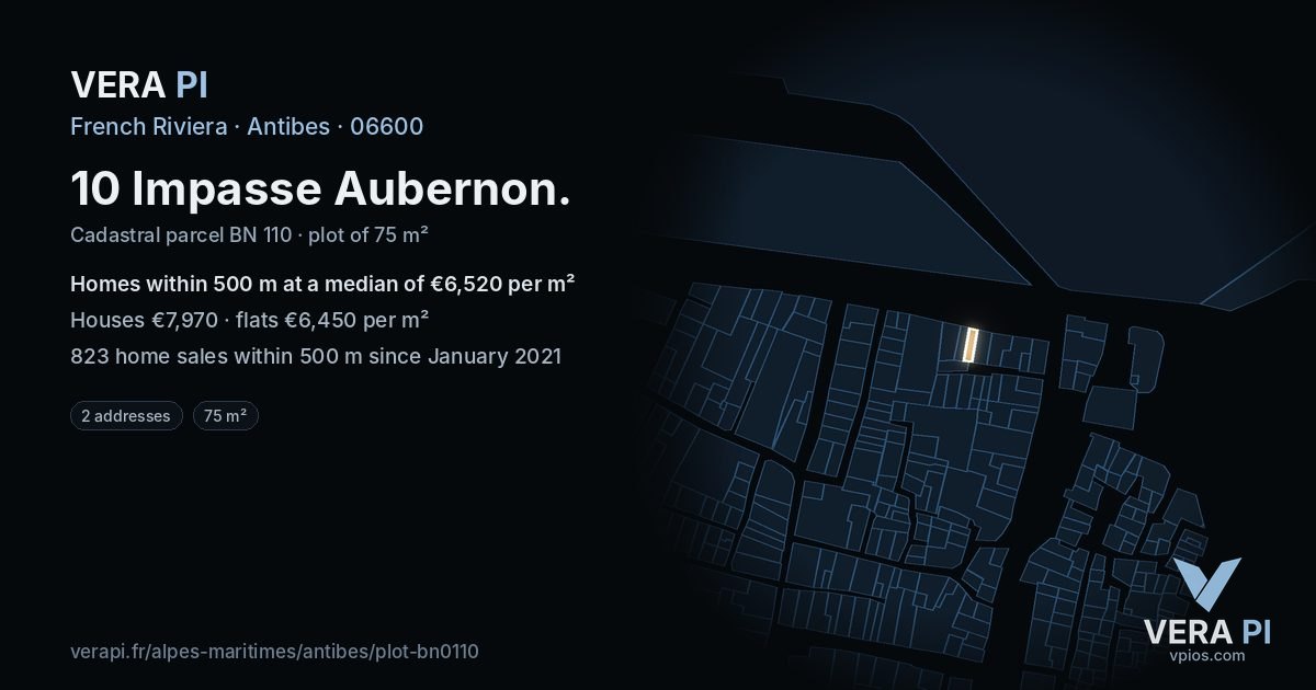 10 Impasse Aubernon, Antibes at night – the plot lit, the parcels around coloured by the prices near them