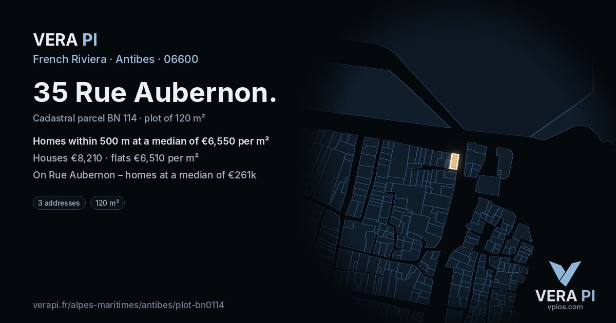 35 Rue Aubernon, Antibes at night – the plot lit, the parcels around coloured by the prices near them
