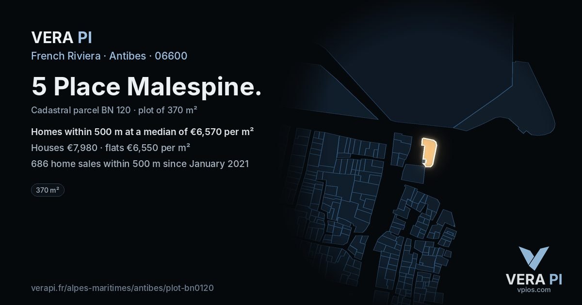 5 Place Malespine, Antibes at night – the plot lit, the parcels around coloured by the prices near them