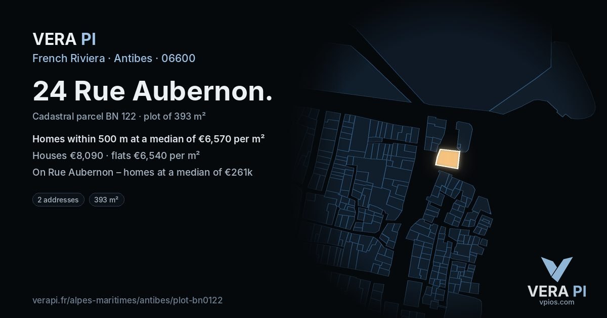 24 Rue Aubernon, Antibes at night – the plot lit, the parcels around coloured by the prices near them