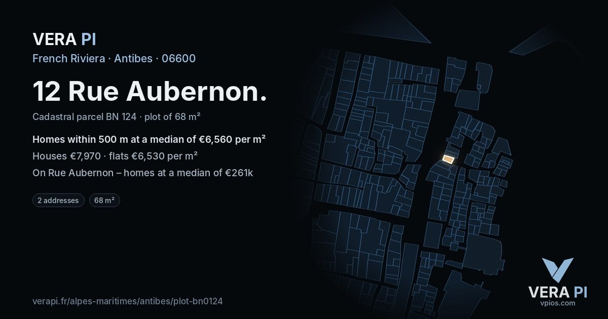 12 Rue Aubernon, Antibes at night – the plot lit, the parcels around coloured by the prices near them