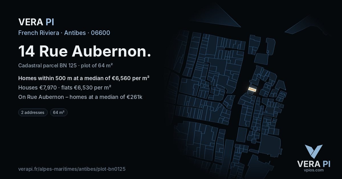 14 Rue Aubernon, Antibes at night – the plot lit, the parcels around coloured by the prices near them
