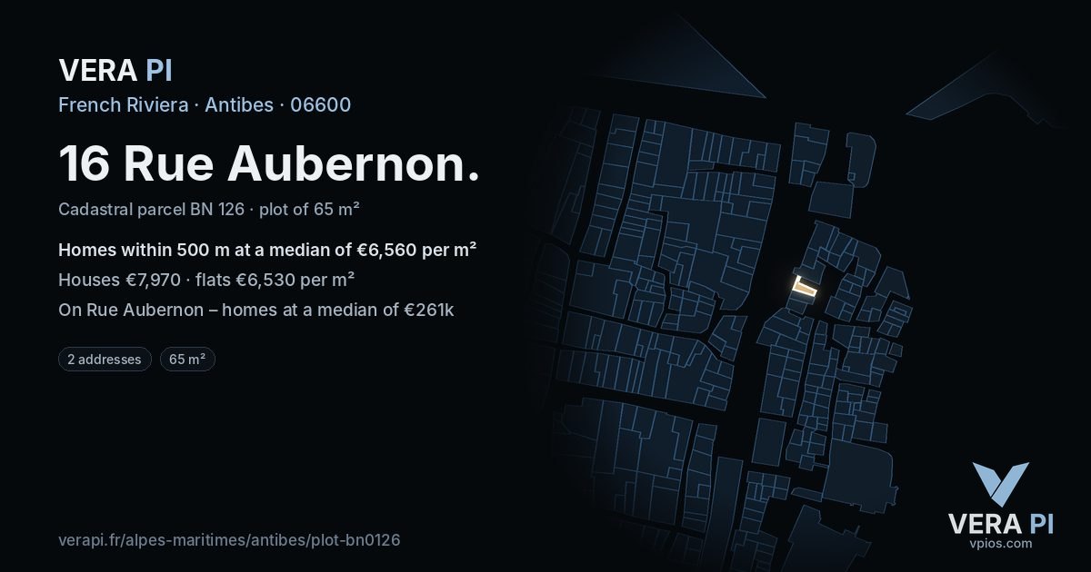 16 Rue Aubernon, Antibes at night – the plot lit, the parcels around coloured by the prices near them