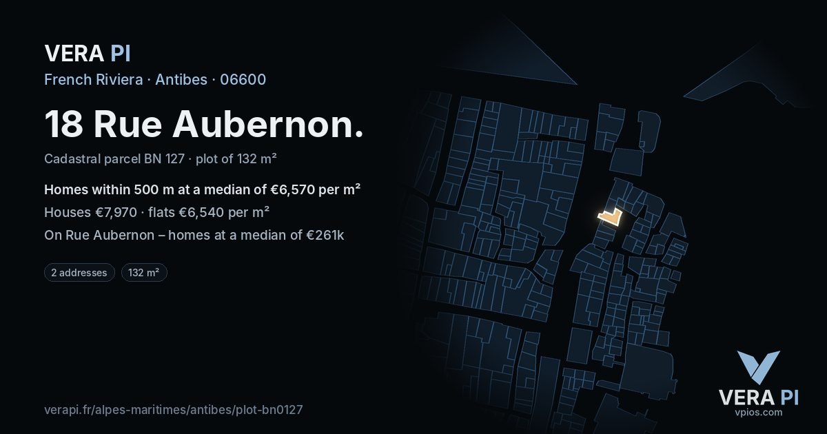 18 Rue Aubernon, Antibes at night – the plot lit, the parcels around coloured by the prices near them