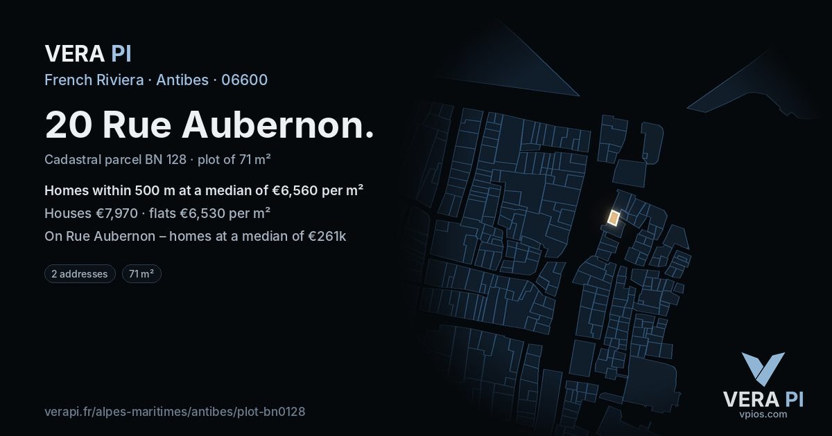 20 Rue Aubernon, Antibes at night – the plot lit, the parcels around coloured by the prices near them