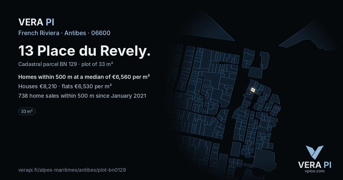 13 Place du Revely, Antibes at night – the plot lit, the parcels around coloured by the prices near them