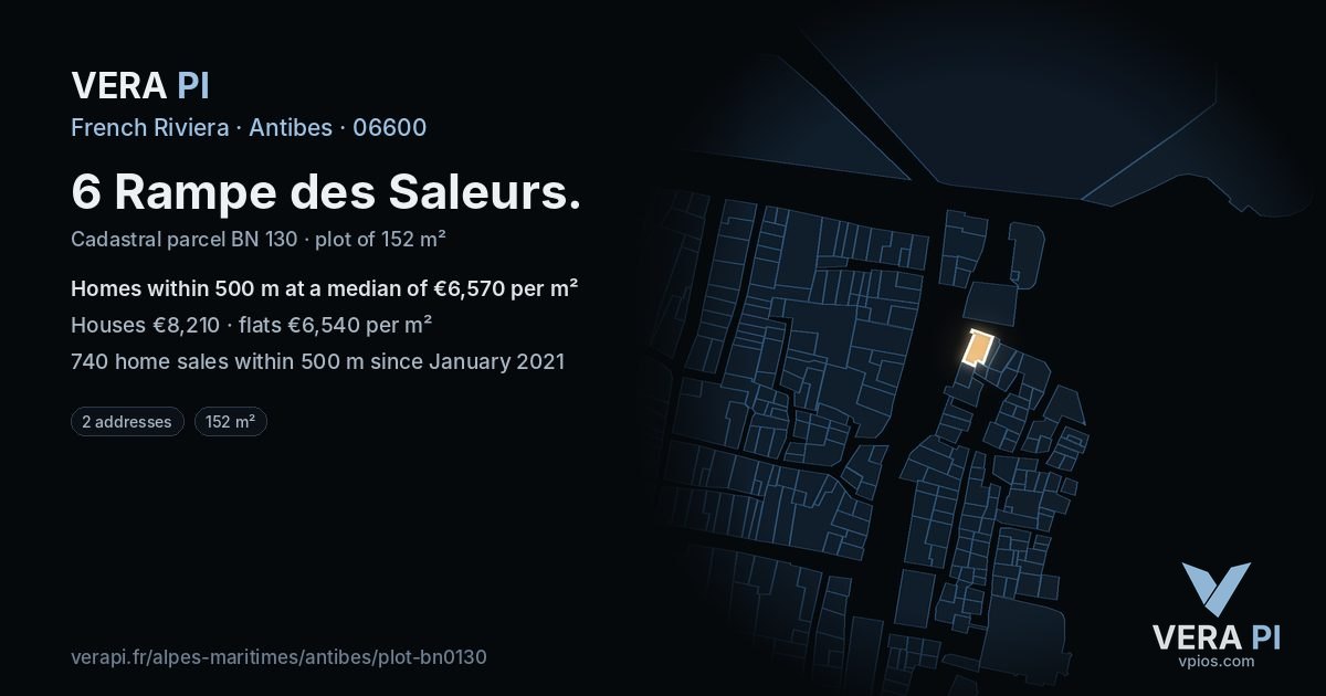 6 Rampe des Saleurs, Antibes at night – the plot lit, the parcels around coloured by the prices near them