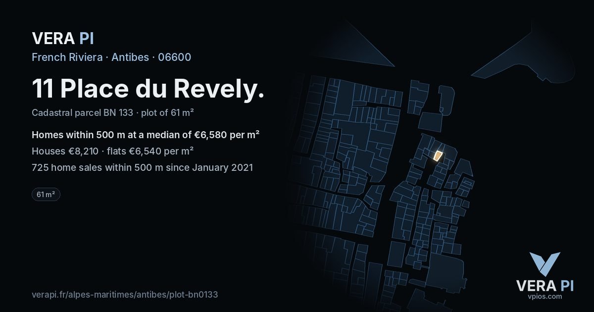 11 Place du Revely, Antibes at night – the plot lit, the parcels around coloured by the prices near them