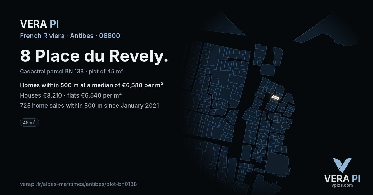 8 Place du Revely, Antibes at night – the plot lit, the parcels around coloured by the prices near them