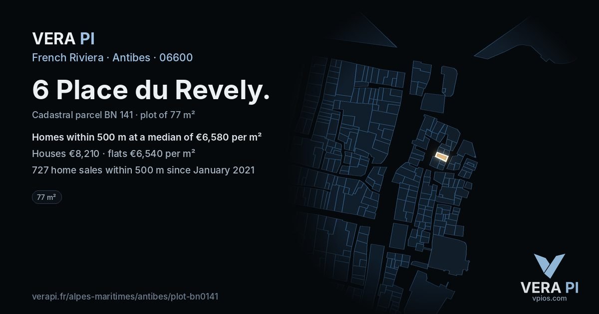 6 Place du Revely, Antibes at night – the plot lit, the parcels around coloured by the prices near them