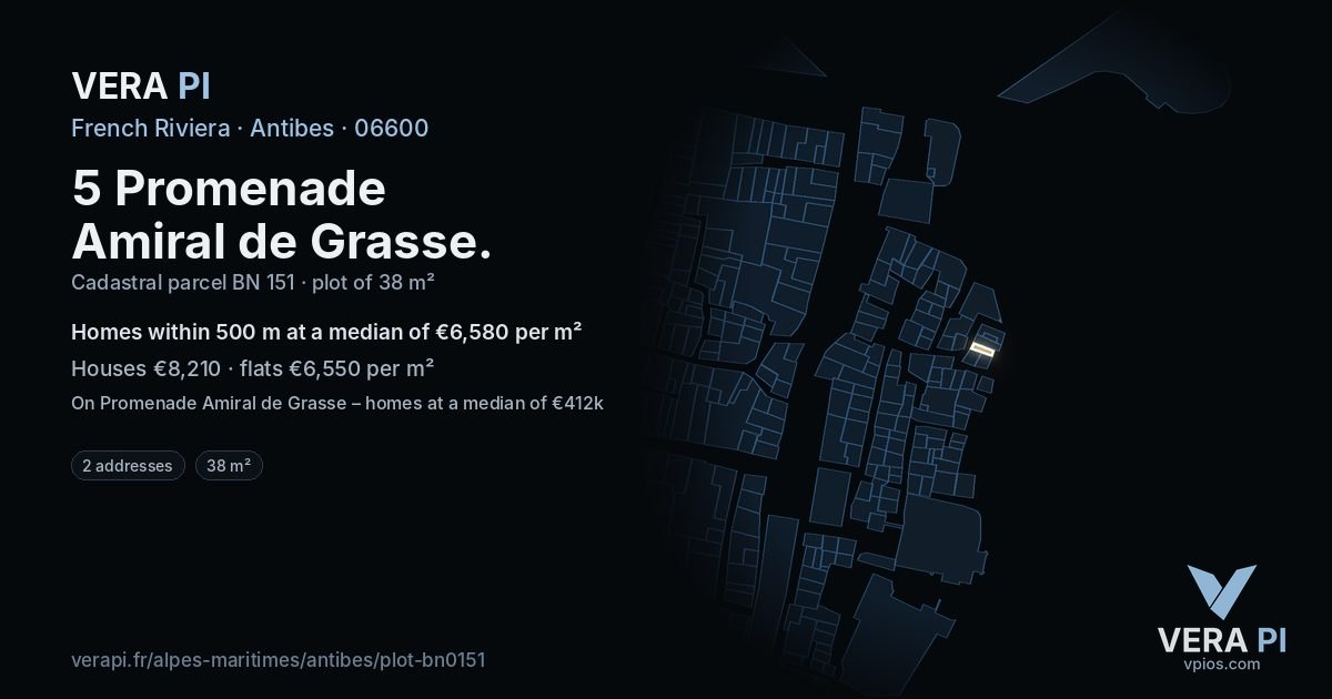 5 Promenade Amiral de Grasse, Antibes at night – the plot lit, the parcels around coloured by the prices near them