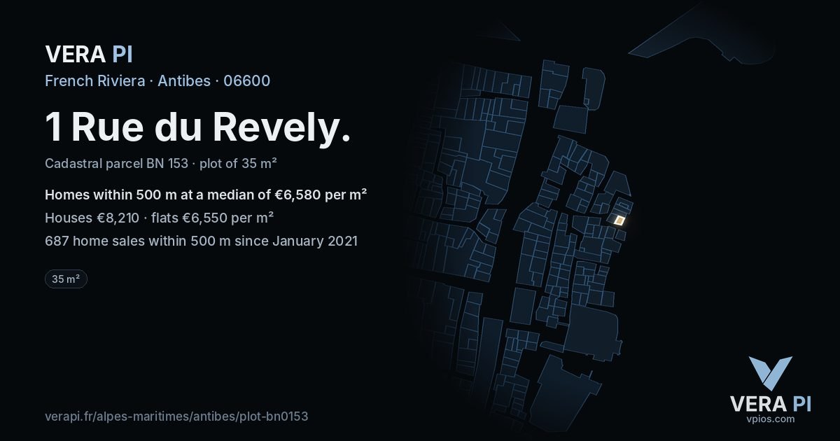 1 Rue du Revely, Antibes at night – the plot lit, the parcels around coloured by the prices near them