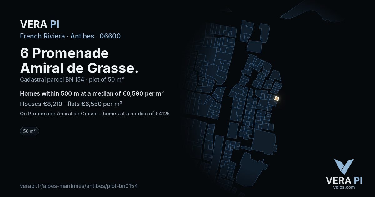 6 Promenade Amiral de Grasse, Antibes at night – the plot lit, the parcels around coloured by the prices near them