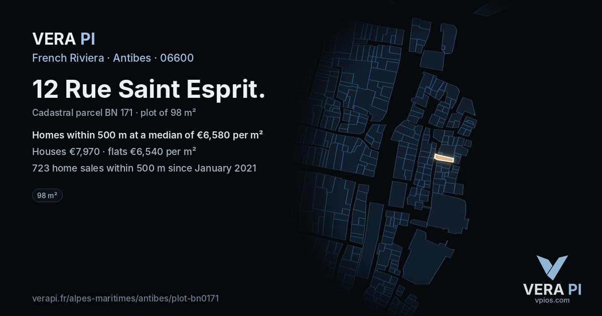 12 Rue Saint Esprit, Antibes at night – the plot lit, the parcels around coloured by the prices near them