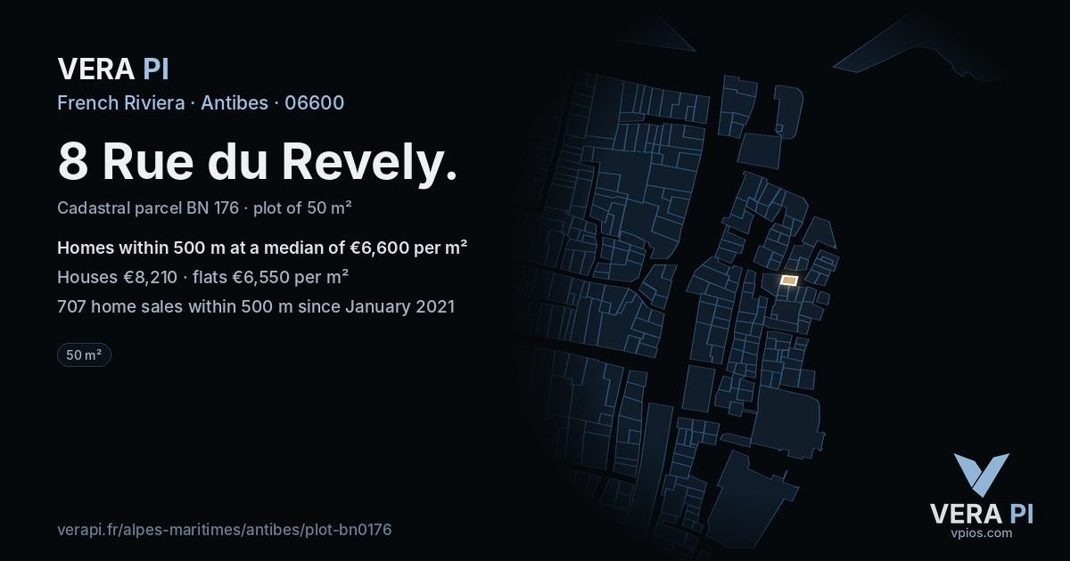 8 Rue du Revely, Antibes at night – the plot lit, the parcels around coloured by the prices near them