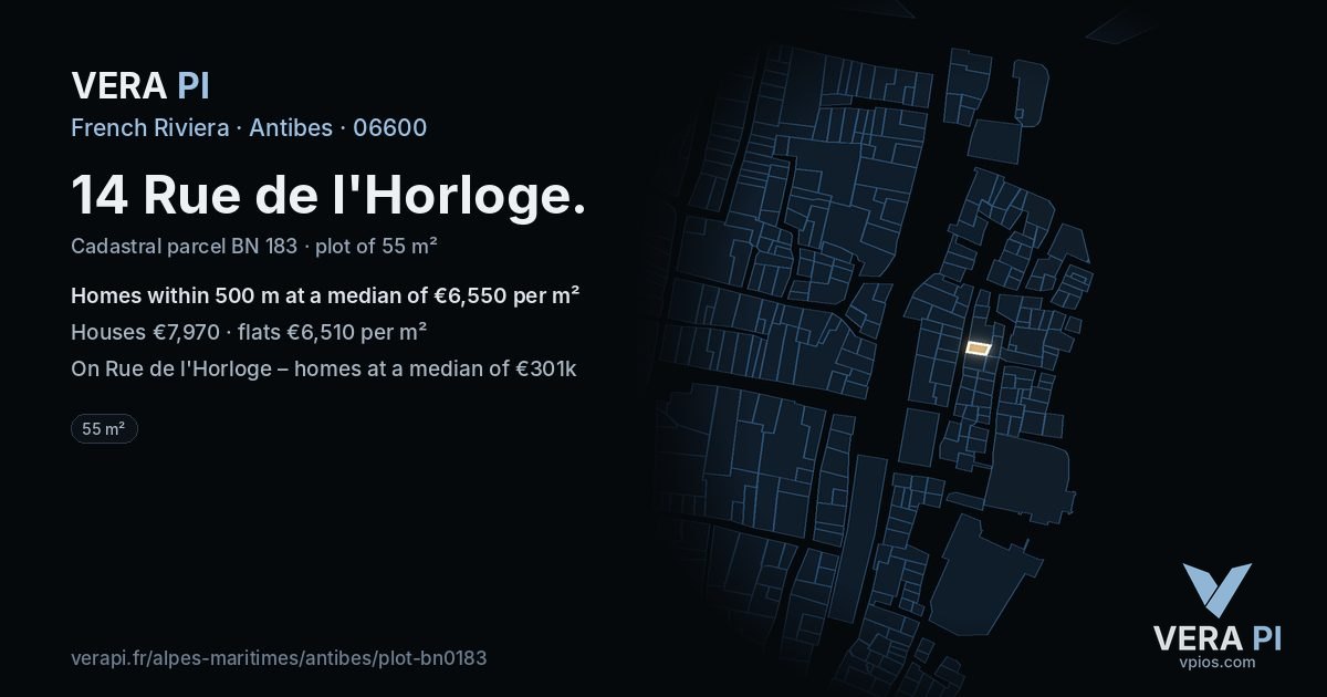 14 Rue de l'Horloge, Antibes at night – the plot lit, the parcels around coloured by the prices near them