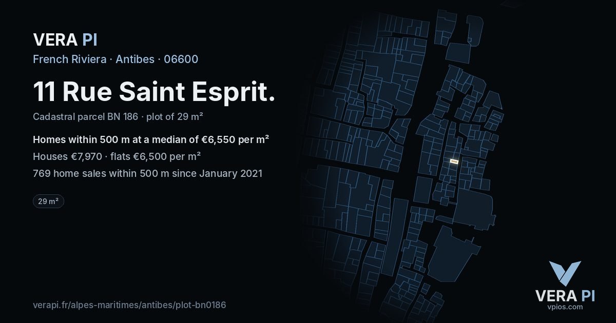 11 Rue Saint Esprit, Antibes at night – the plot lit, the parcels around coloured by the prices near them