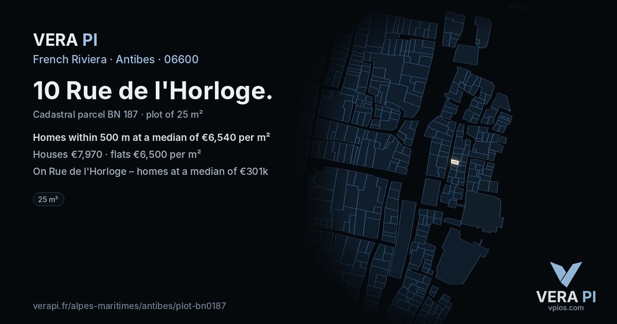 10 Rue de l'Horloge, Antibes at night – the plot lit, the parcels around coloured by the prices near them