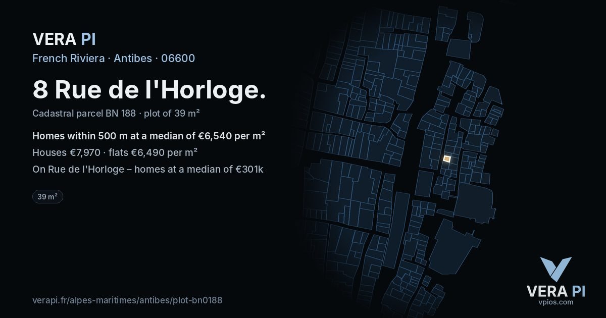 8 Rue de l'Horloge, Antibes at night – the plot lit, the parcels around coloured by the prices near them