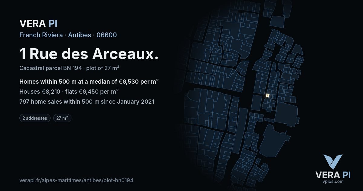 1 Rue des Arceaux, Antibes at night – the plot lit, the parcels around coloured by the prices near them