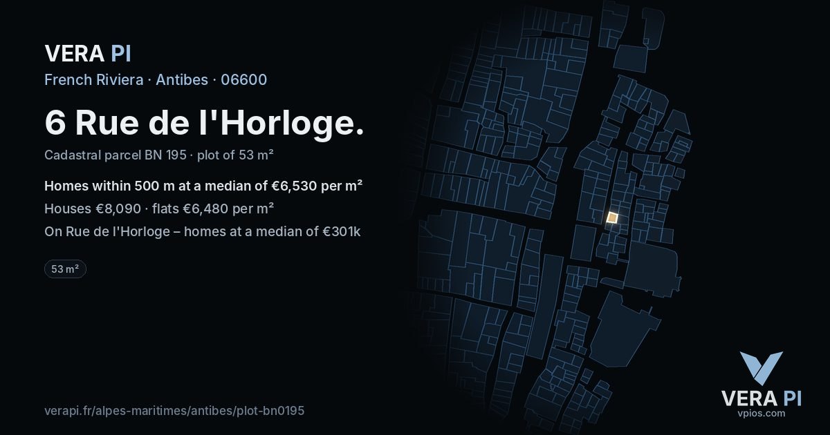 6 Rue de l'Horloge, Antibes at night – the plot lit, the parcels around coloured by the prices near them