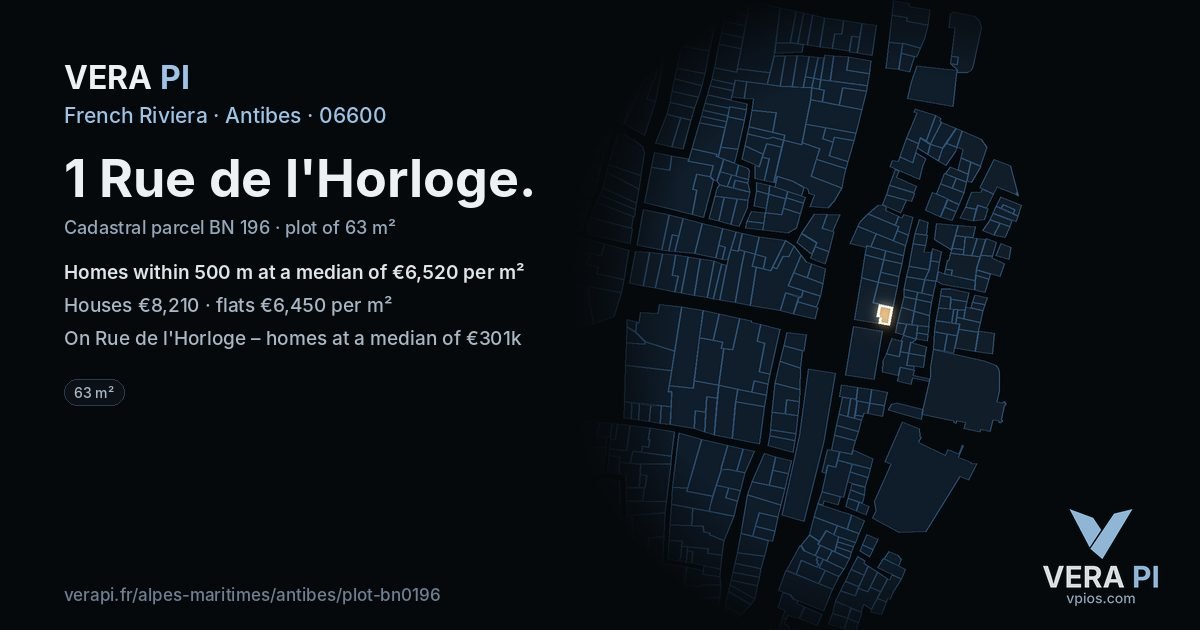 1 Rue de l'Horloge, Antibes at night – the plot lit, the parcels around coloured by the prices near them