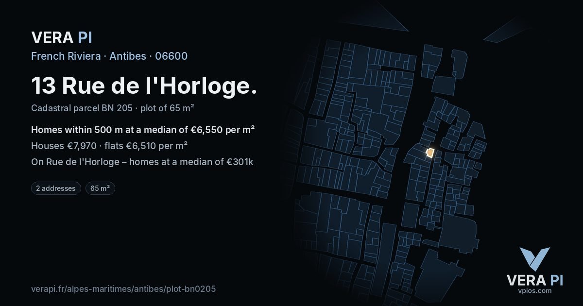 13 Rue de l'Horloge, Antibes at night – the plot lit, the parcels around coloured by the prices near them