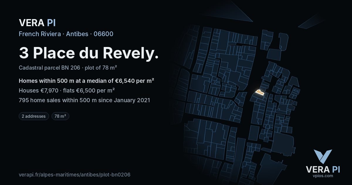 3 Place du Revely, Antibes at night – the plot lit, the parcels around coloured by the prices near them