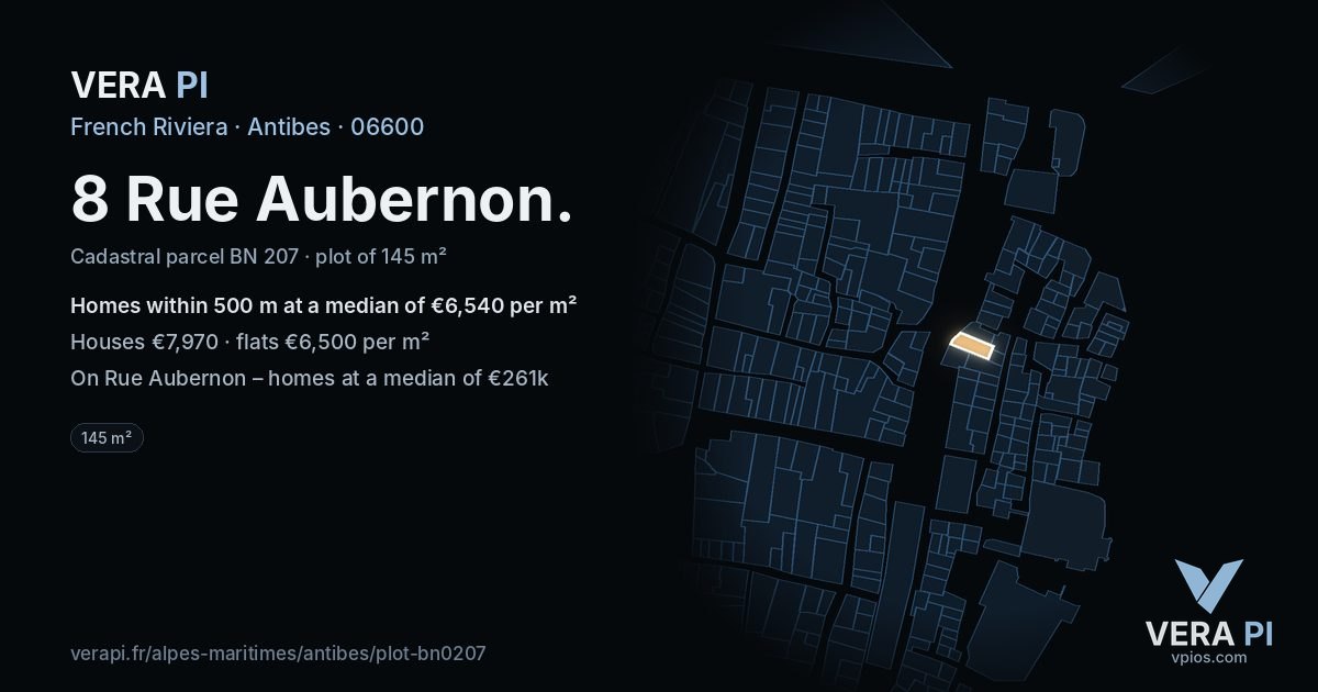 8 Rue Aubernon, Antibes at night – the plot lit, the parcels around coloured by the prices near them