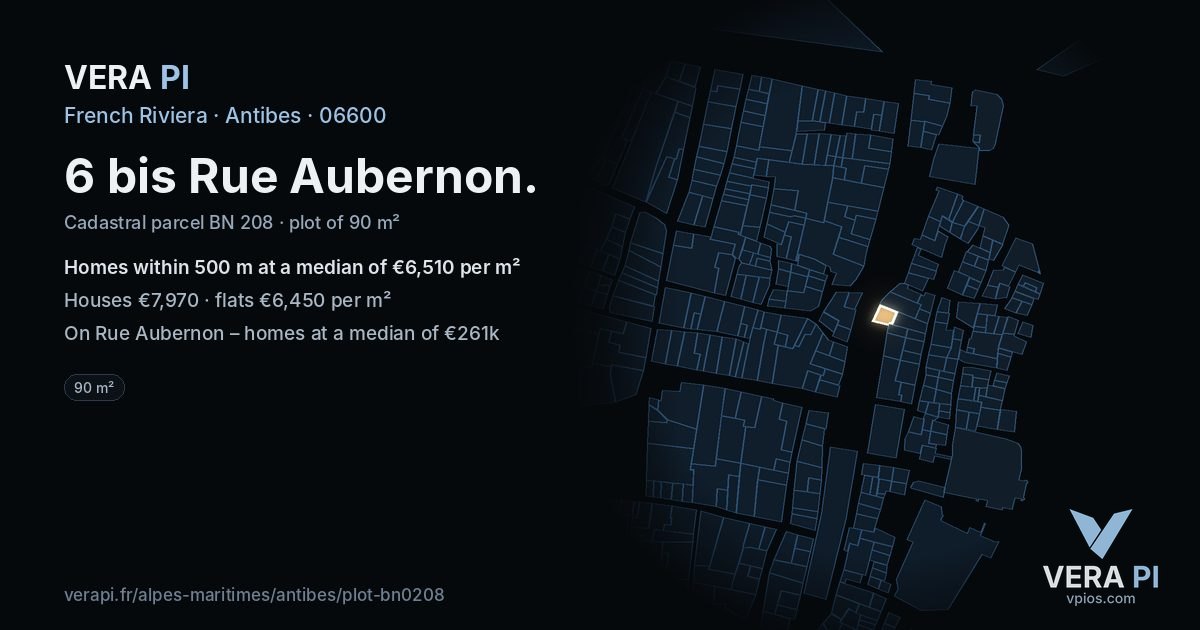 6 bis Rue Aubernon, Antibes at night – the plot lit, the parcels around coloured by the prices near them