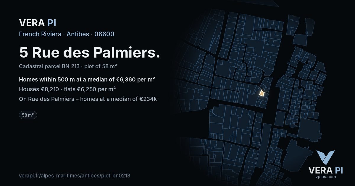 5 Rue des Palmiers, Antibes at night – the plot lit, the parcels around coloured by the prices near them