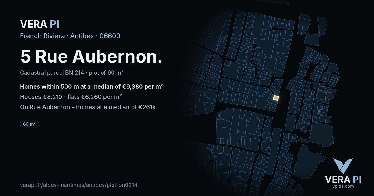 5 Rue Aubernon, Antibes at night – the plot lit, the parcels around coloured by the prices near them