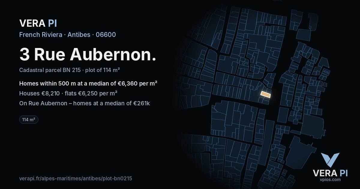 3 Rue Aubernon, Antibes at night – the plot lit, the parcels around coloured by the prices near them