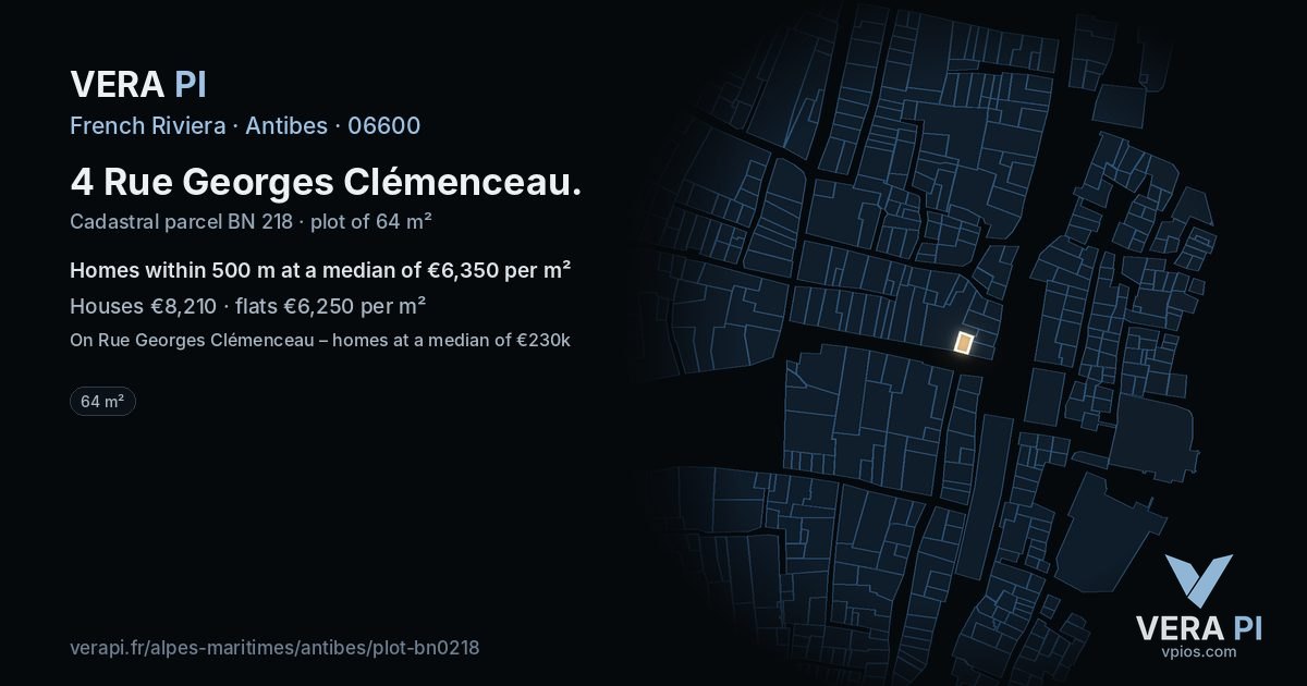 4 Rue Georges Clémenceau, Antibes at night – the plot lit, the parcels around coloured by the prices near them