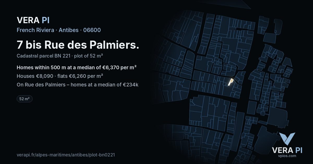 7 bis Rue des Palmiers, Antibes at night – the plot lit, the parcels around coloured by the prices near them