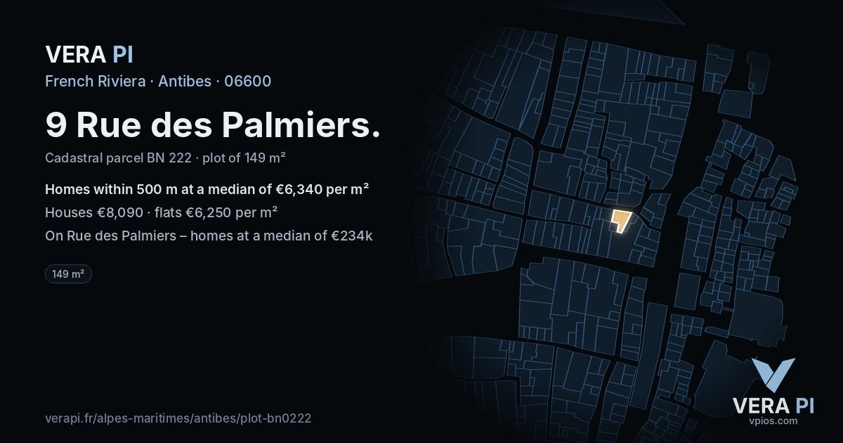 9 Rue des Palmiers, Antibes at night – the plot lit, the parcels around coloured by the prices near them