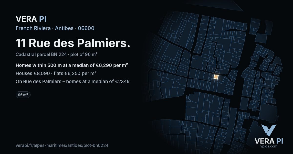 11 Rue des Palmiers, Antibes at night – the plot lit, the parcels around coloured by the prices near them