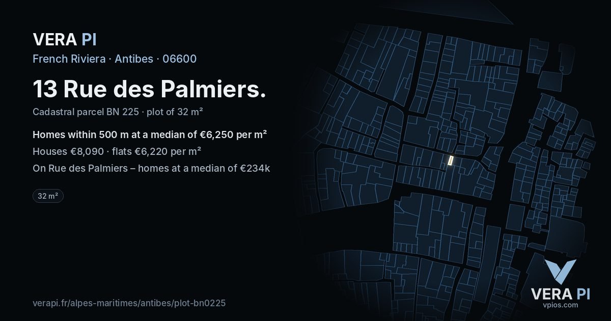 13 Rue des Palmiers, Antibes at night – the plot lit, the parcels around coloured by the prices near them