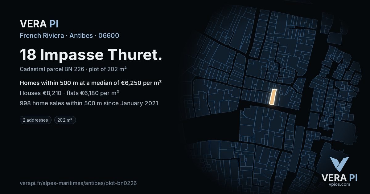 18 Impasse Thuret, Antibes at night – the plot lit, the parcels around coloured by the prices near them