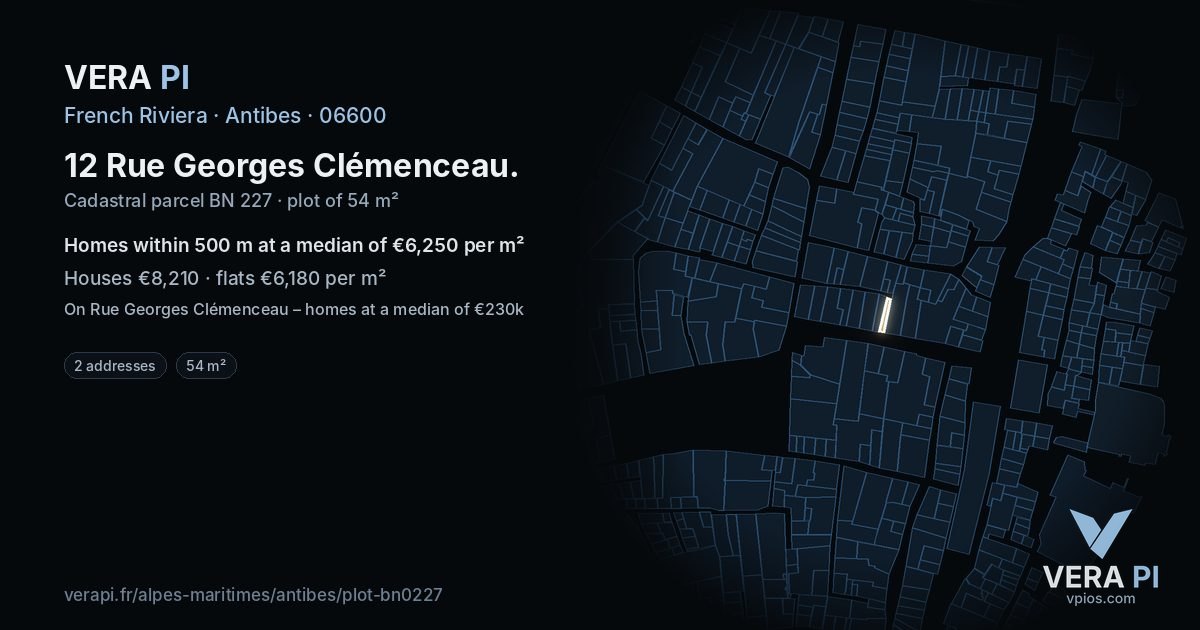 12 Rue Georges Clémenceau, Antibes at night – the plot lit, the parcels around coloured by the prices near them