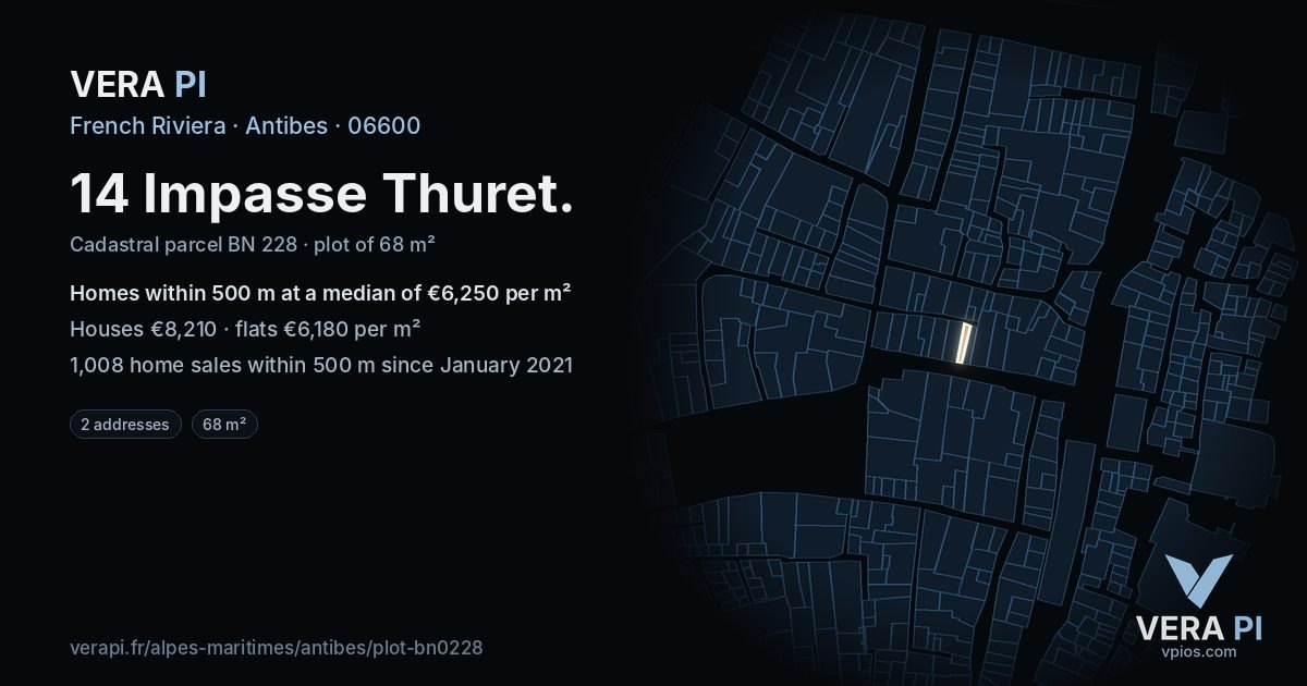14 Impasse Thuret, Antibes at night – the plot lit, the parcels around coloured by the prices near them