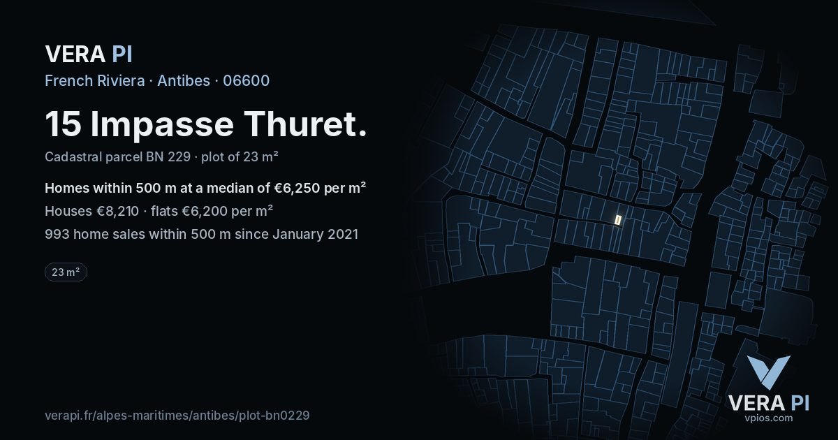 15 Impasse Thuret, Antibes at night – the plot lit, the parcels around coloured by the prices near them